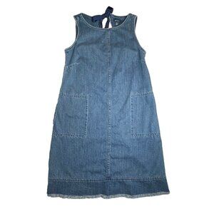 J.Jill Denim XS Petite Shift Tie Dress Blue Cotton Pockets Raw Hem Sleeveless